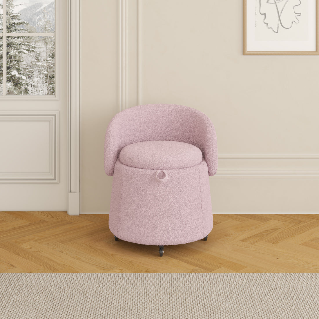 Multi Functional Stool 23 Inches Movable Storage, Pink Teddy Fleece Everywhere In The Bedroom And Living Room Pink Teddy Polyester Blend