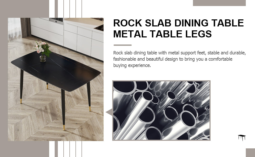 Modern Minimalist Dining Table. Black Sintered Stone Tabletop With Golden Stripe Pattern, Black Metal Legs. Suitable For Kitchen Restaurantand And Living Room 50"*30"*30" F 001 Black Sintered Stone