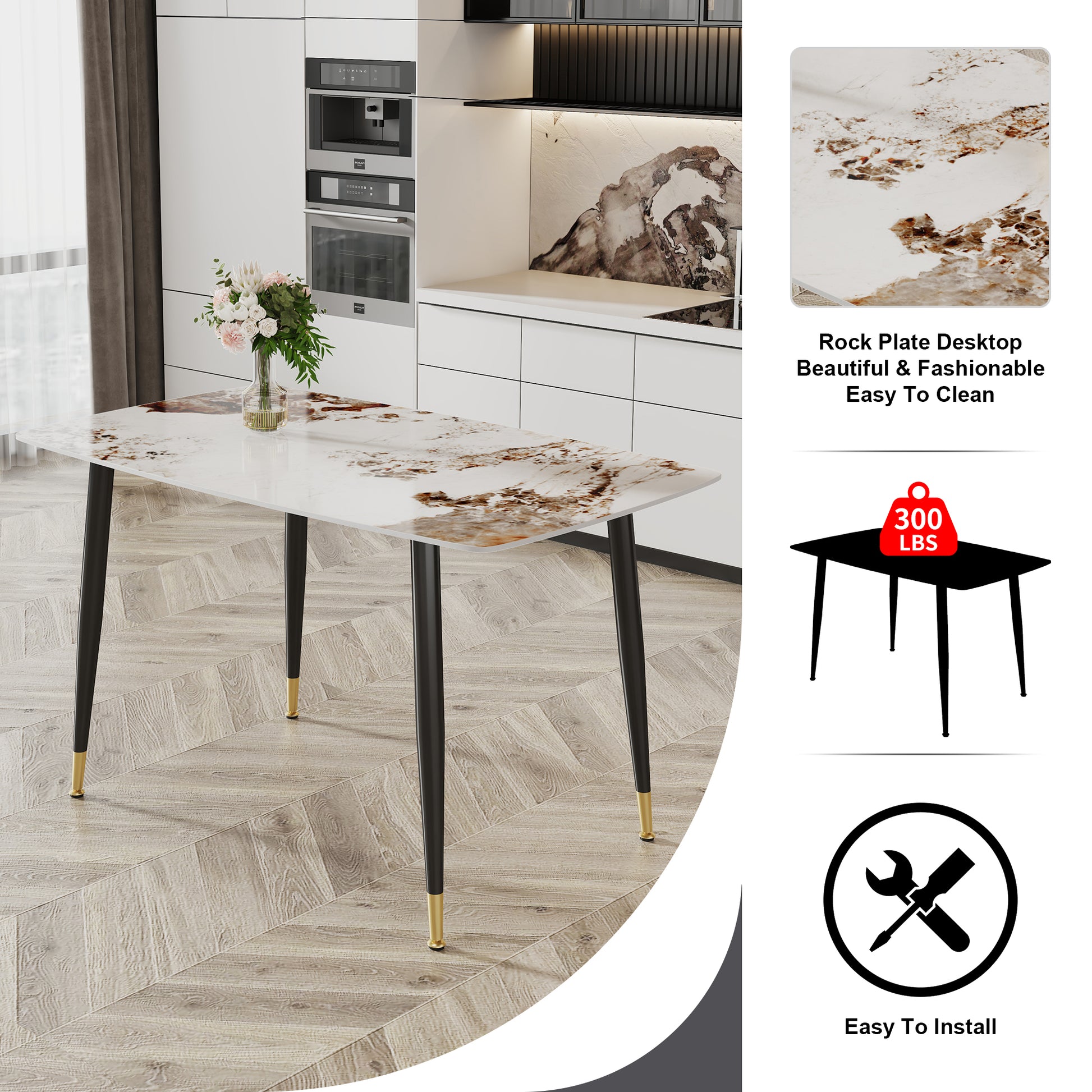 Modern Minimalist Dining Table. A Patterned Sintered Stone Tabletop With Black Metal Legs. Suitable For Kitchen And Living Room 50"*30"*30"F 001 White Sintered Stone