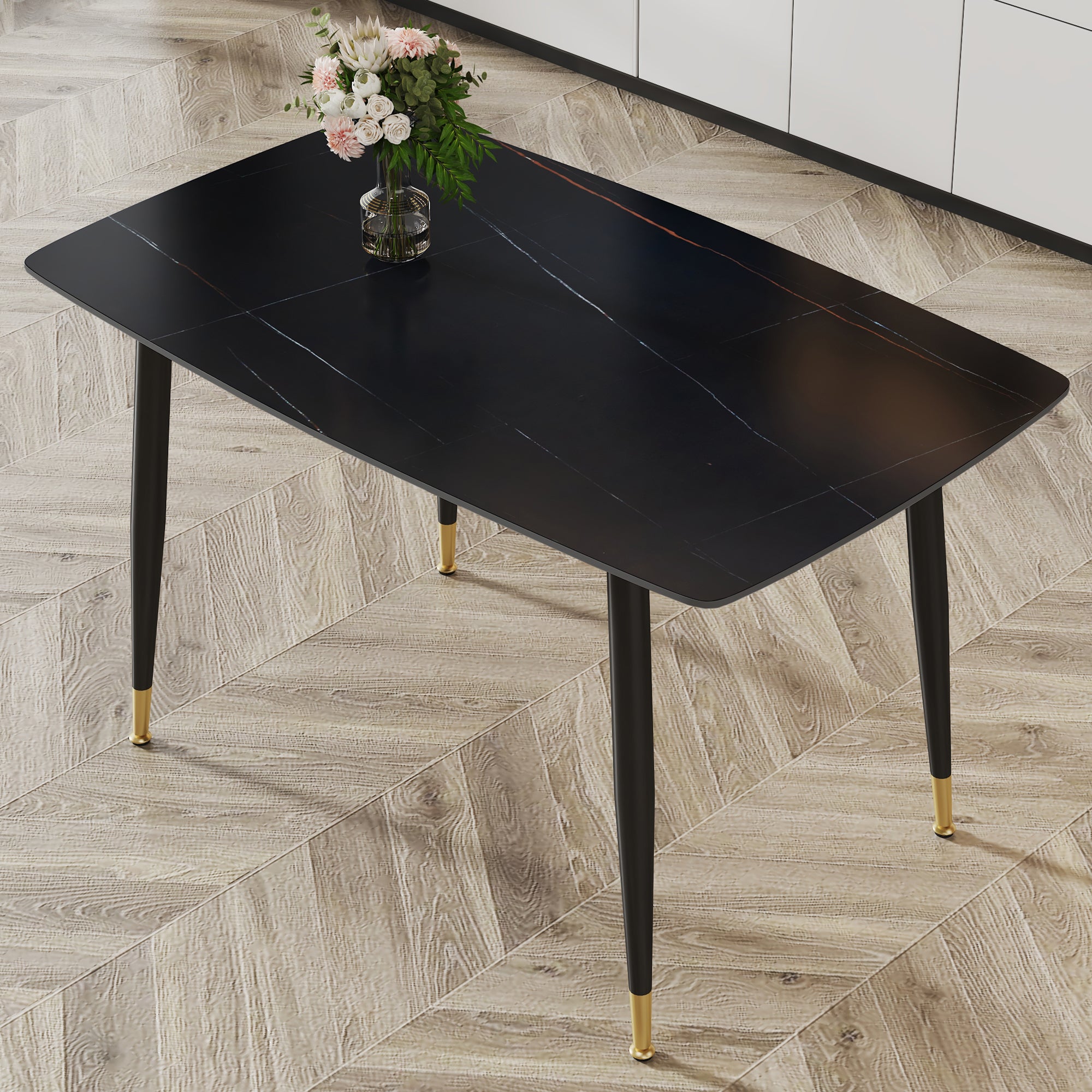 Modern Minimalist Dining Table. Black Sintered Stone Tabletop With Golden Stripe Pattern, Black Metal Legs. Suitable For Kitchen Restaurantand And Living Room 50"*30"*30" F 001 Black Sintered Stone