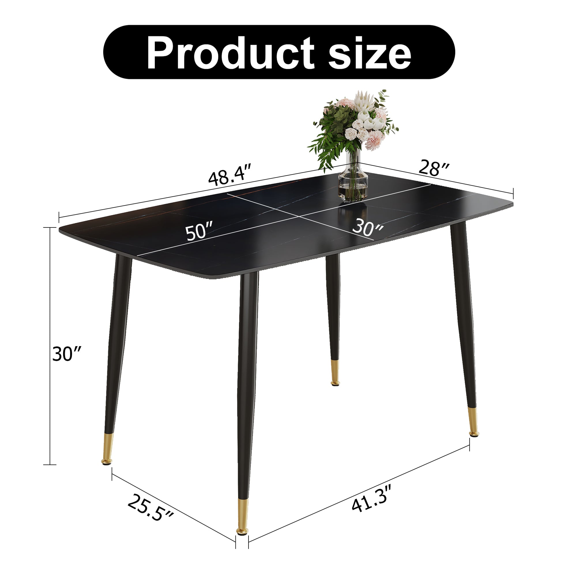 Modern Minimalist Dining Table. Black Sintered Stone Tabletop With Golden Stripe Pattern, Black Metal Legs. Suitable For Kitchen Restaurantand And Living Room 50"*30"*30" F 001 Black Sintered Stone