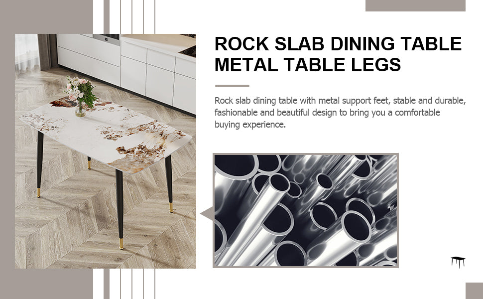 Modern Minimalist Dining Table. A Patterned Sintered Stone Tabletop With Black Metal Legs. Suitable For Kitchen And Living Room 50"*30"*30"F 001 White Sintered Stone