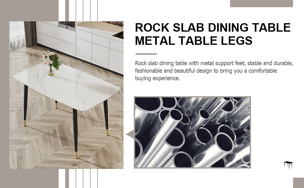 Modern Minimalist Dining Table. White Imitation Marble Pattern Sintered Stone Desktop With Black Metal Legs.50"*30"*30" F 001 White Sintered Stone