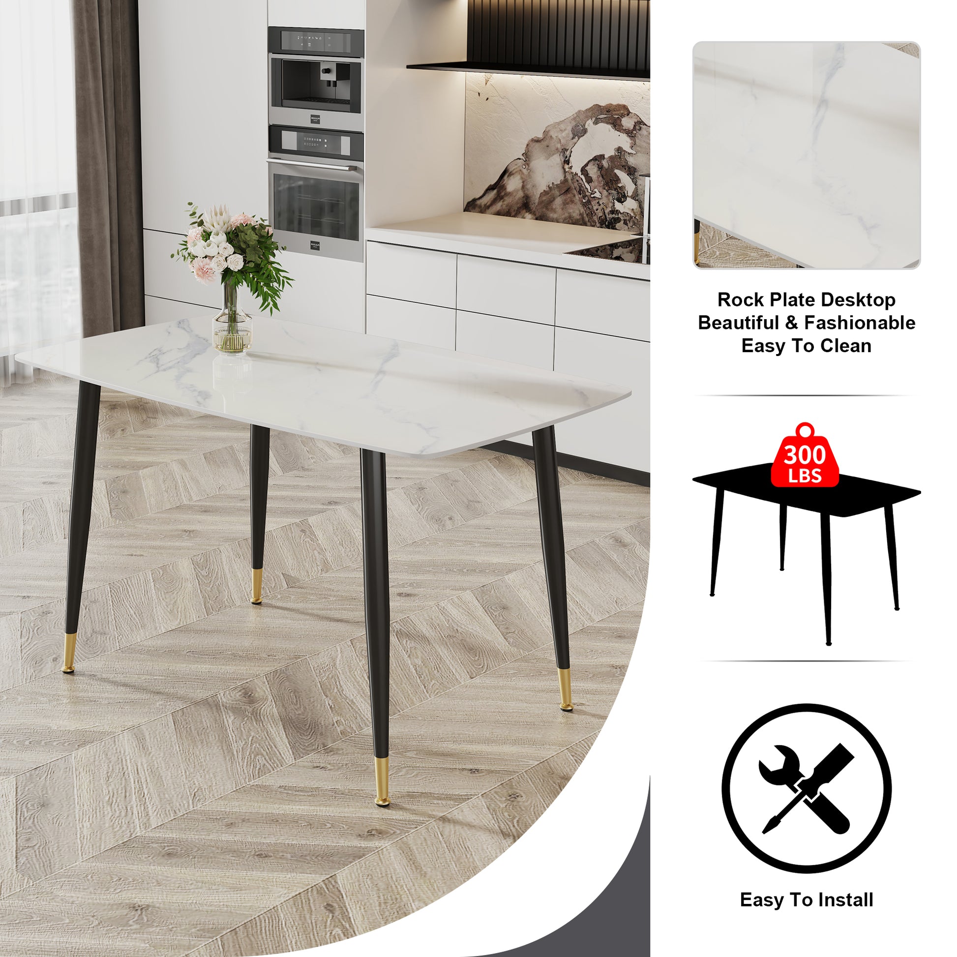 Modern Minimalist Dining Table. White Imitation Marble Pattern Sintered Stone Desktop With Black Metal Legs.50"*30"*30" F 001 White Sintered Stone