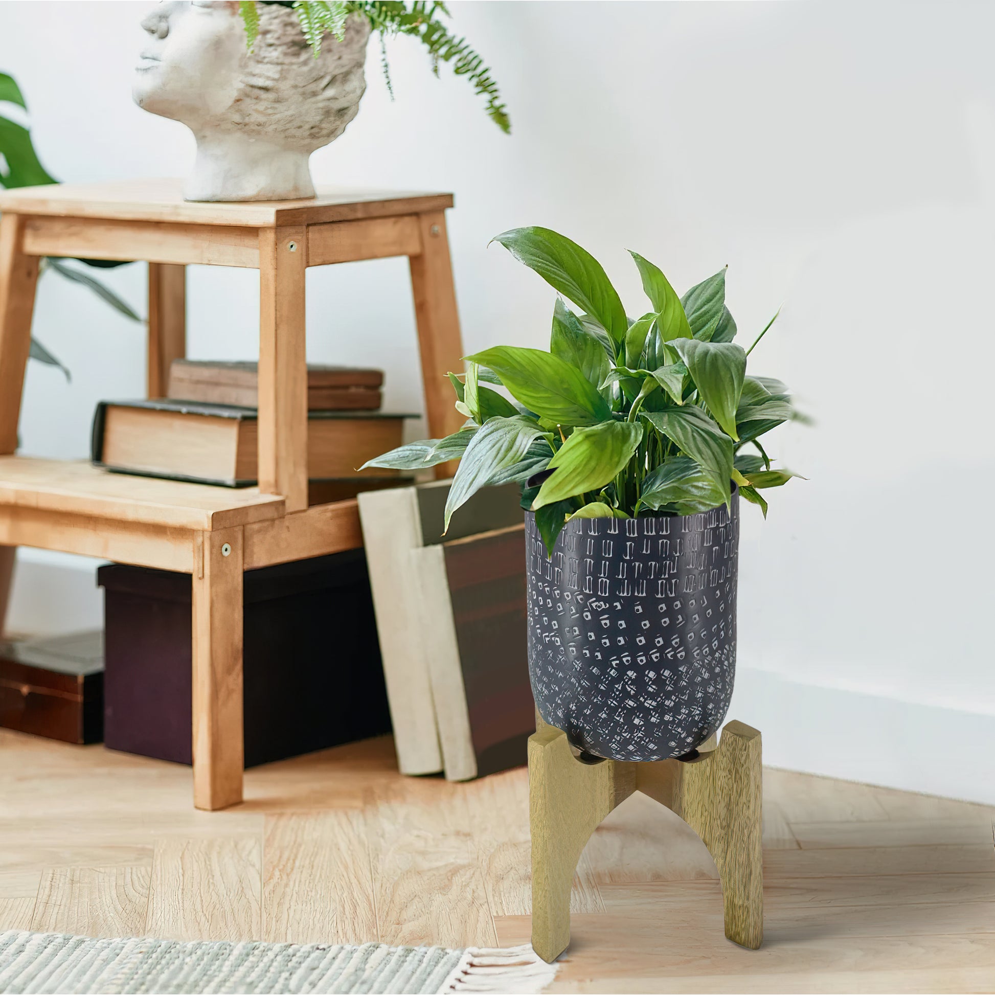 Alex 8 Inch Artisanal Industrial Round Hammered Metal Planter Pot With Wood Arch Stand, Midnight Blue Blue Metal & Wood