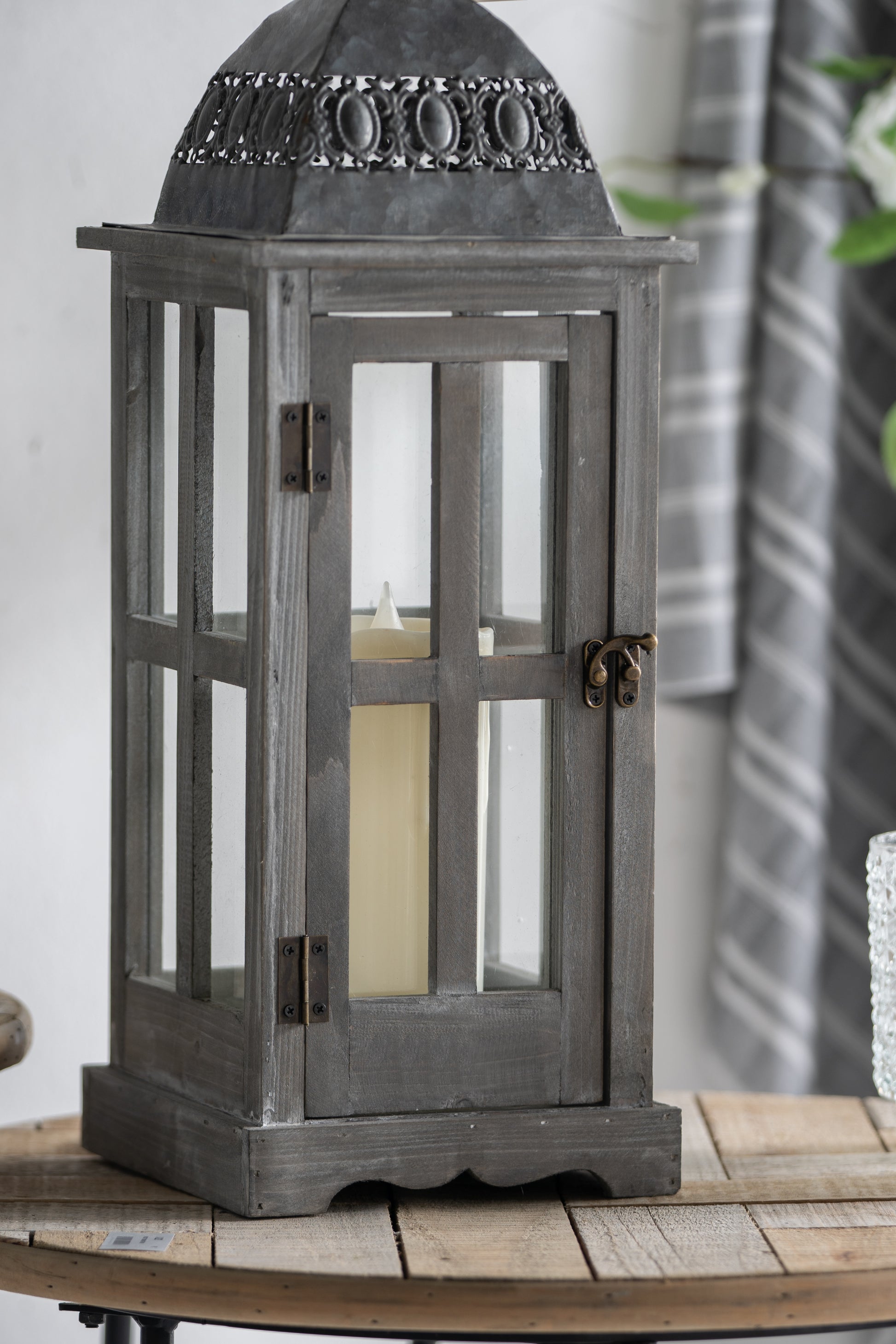 Wooden Candle Lantern Decorative, Hurricane Lantern Holder Decor For Indoor Outdoor, Home Garden Wedding Gray Wood Glass