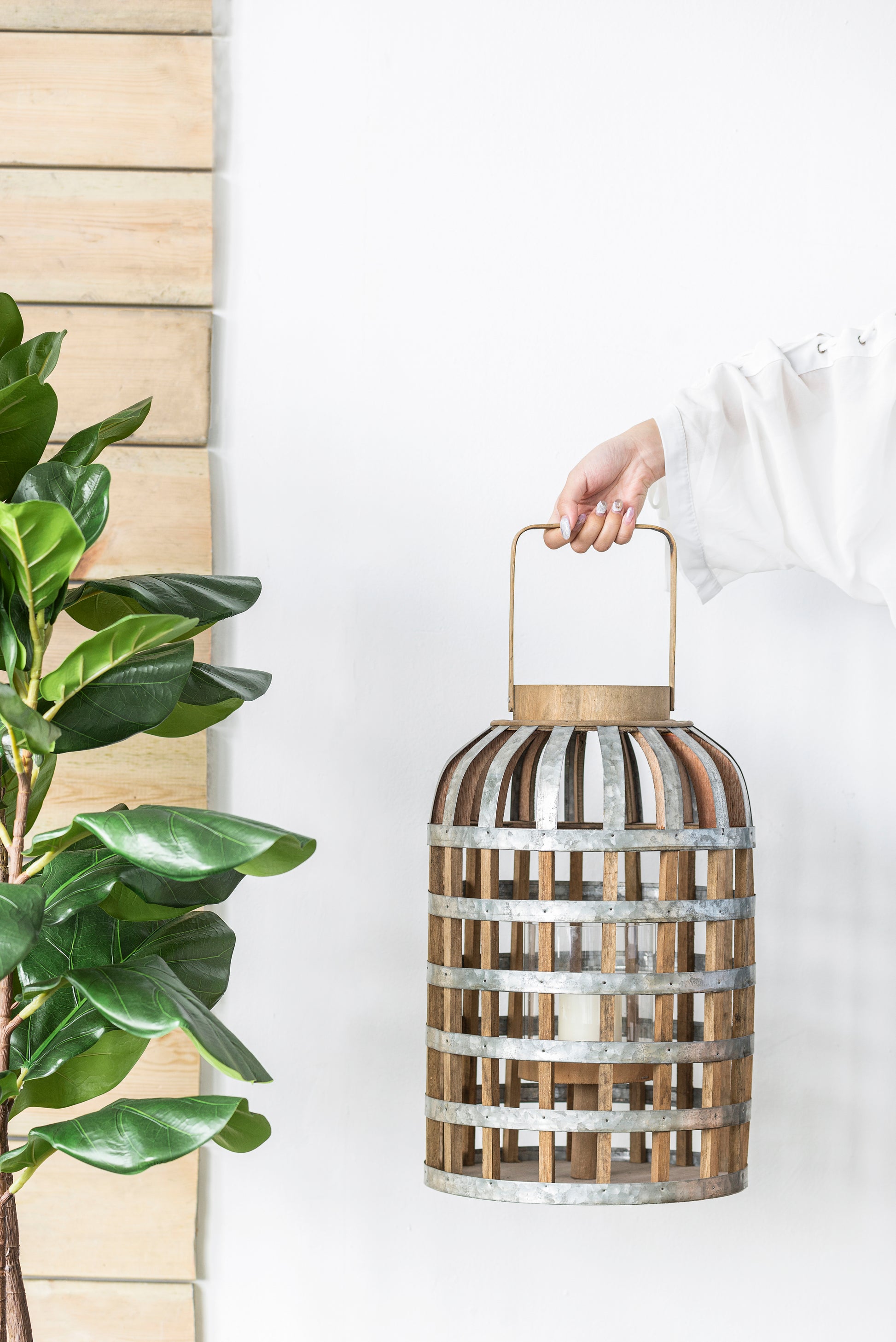 Decorative Lantern With Handle, Wooden Lantern For Indoor Outdoor, Home Garden Wedding Silver Iron