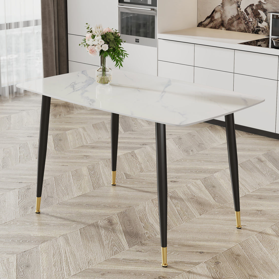 Modern Minimalist Dining Table. White Imitation Marble Pattern Sintered Stone Desktop With Black Metal Legs.50"*30"*30" F 001 White Sintered Stone