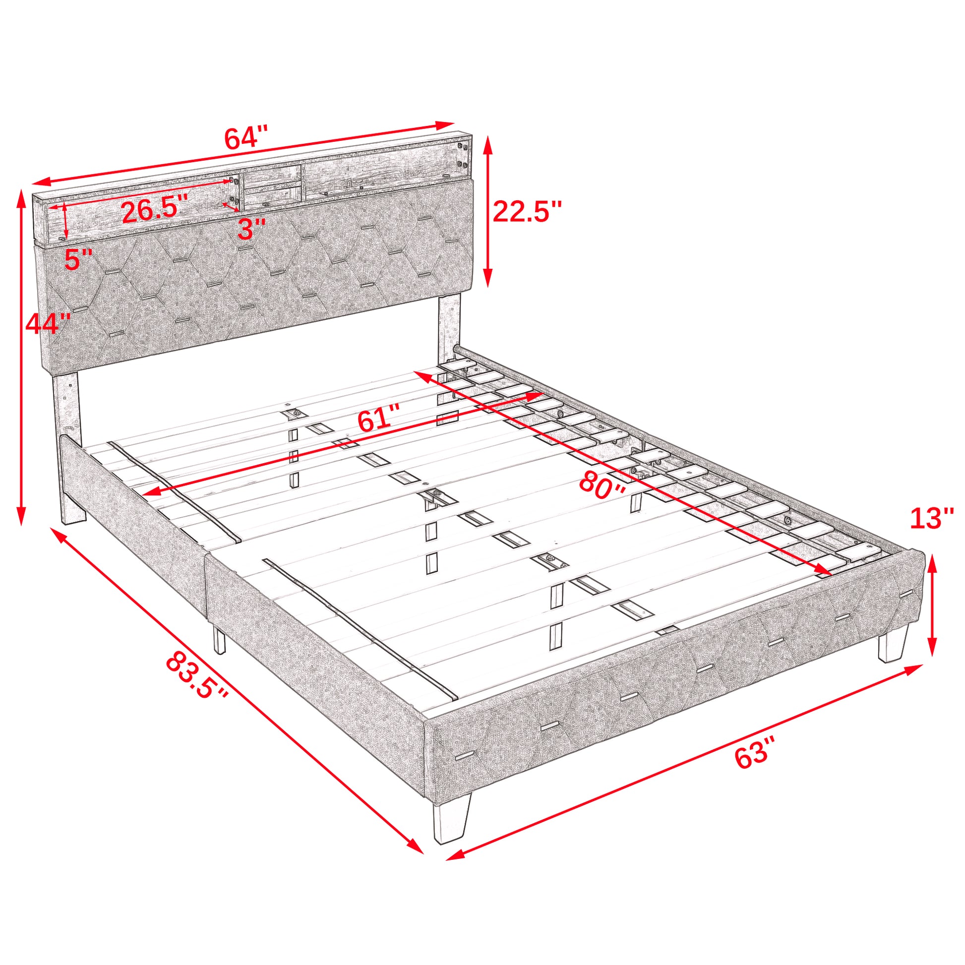 Queen Size Bed Frame, Shelf Upholstered Headboard, Platform Bed With Outlet & Usb Ports, Wood Legs, No Box Spring Needed, Easy Assembly, Grey Box Spring Not Required Queen Grey Metal Bedroom Bed Frame Linen Foam