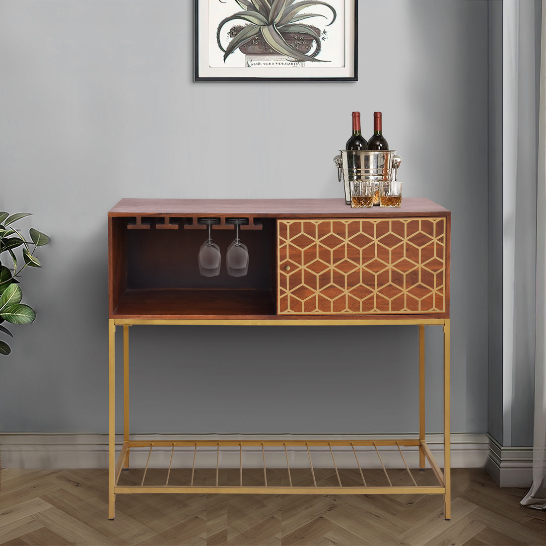 Kalyn 48 Inch Acacia Wood Bar Cabinet, 1 Door, Metal Frame, Geometric Screen Printed Design, Brown, Brass Brown Metal & Wood