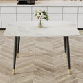 Modern Minimalist Dining Table. White Imitation Marble Pattern Sintered Stone Desktop With Black Metal Legs.50