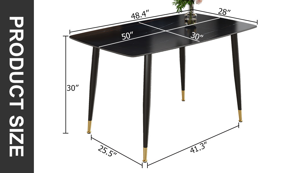 Modern Minimalist Dining Table. Black Sintered Stone Tabletop With Golden Stripe Pattern, Black Metal Legs. Suitable For Kitchen Restaurantand And Living Room 50"*30"*30" F 001 Black Sintered Stone