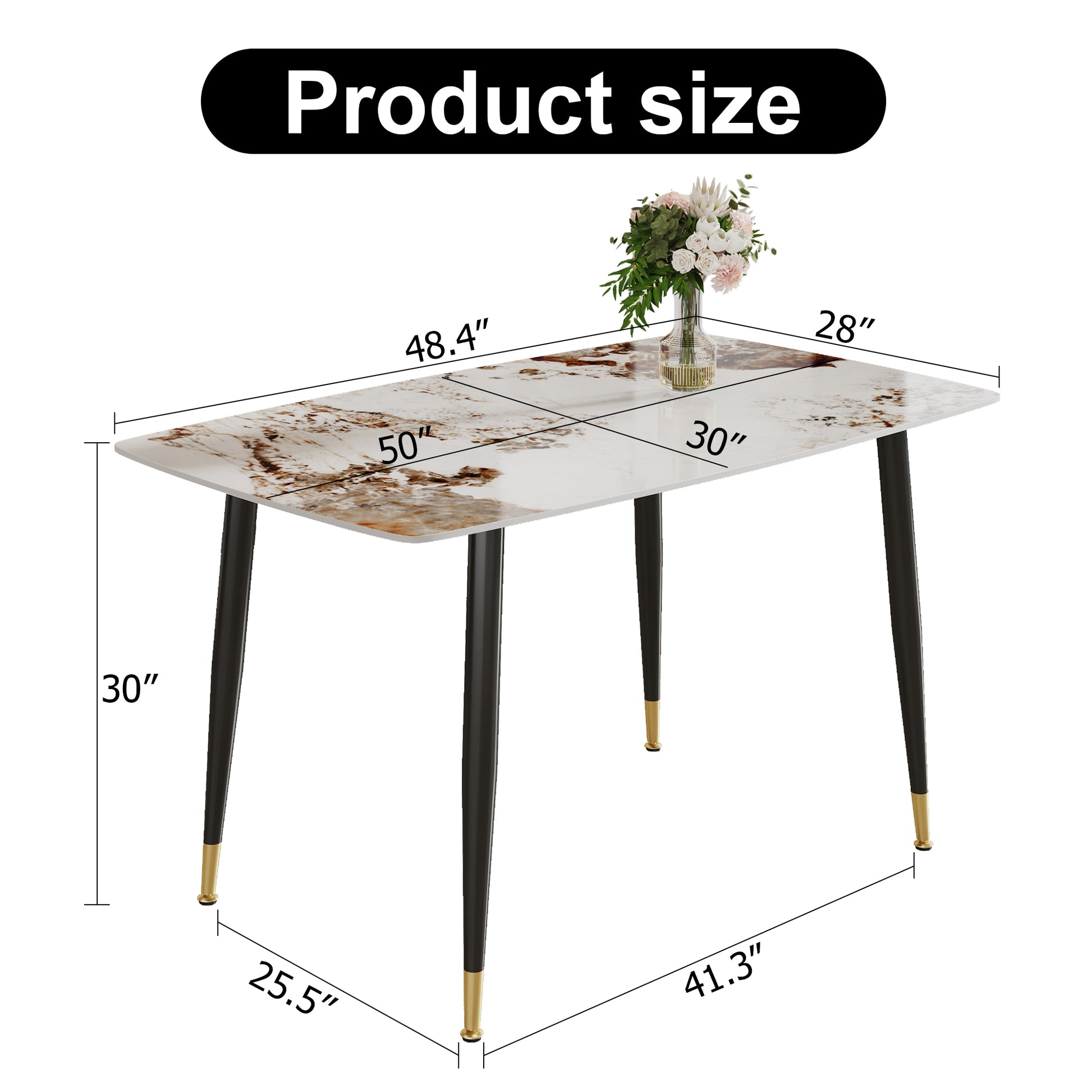 Modern Minimalist Dining Table. A Patterned Sintered Stone Tabletop With Black Metal Legs. Suitable For Kitchen And Living Room 50"*30"*30"F 001 White Sintered Stone