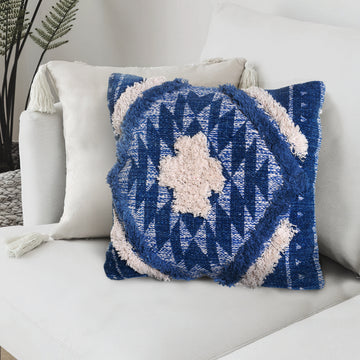 18 X 18 Shaggy Cotton Accent Throw Pillows, Southwest Aztec Pattern, Set Of 2, Blue, White White Blue Cotton