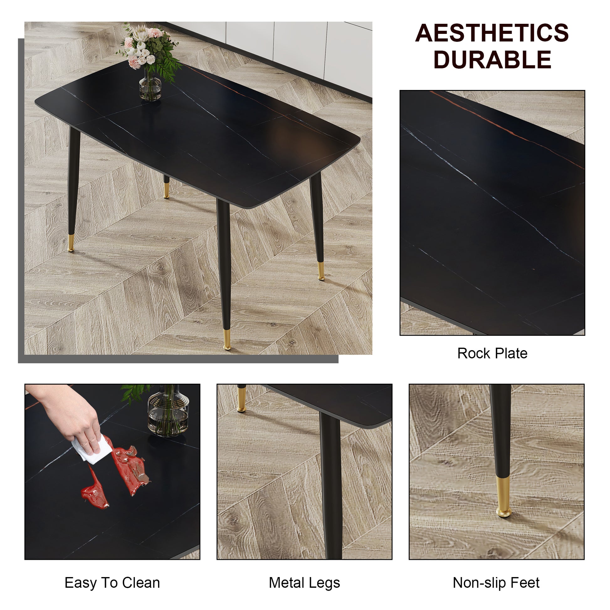 Modern Minimalist Dining Table. Black Sintered Stone Tabletop With Golden Stripe Pattern, Black Metal Legs. Suitable For Kitchen Restaurantand And Living Room 50"*30"*30" F 001 Black Sintered Stone