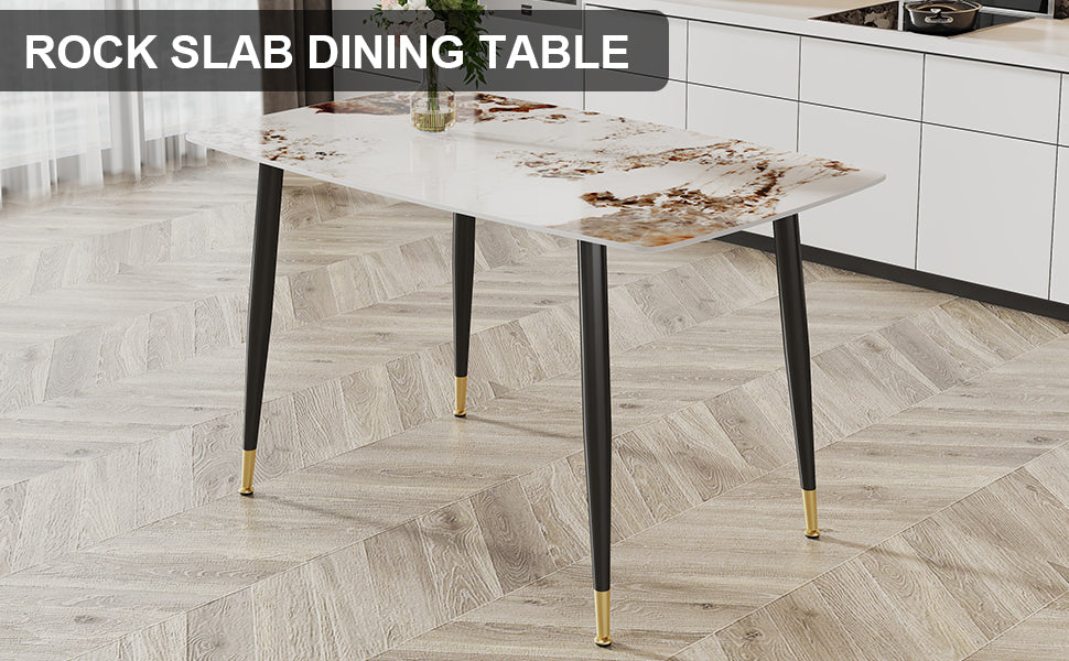 Modern Minimalist Dining Table. A Patterned Sintered Stone Tabletop With Black Metal Legs. Suitable For Kitchen And Living Room 50"*30"*30"F 001 White Sintered Stone