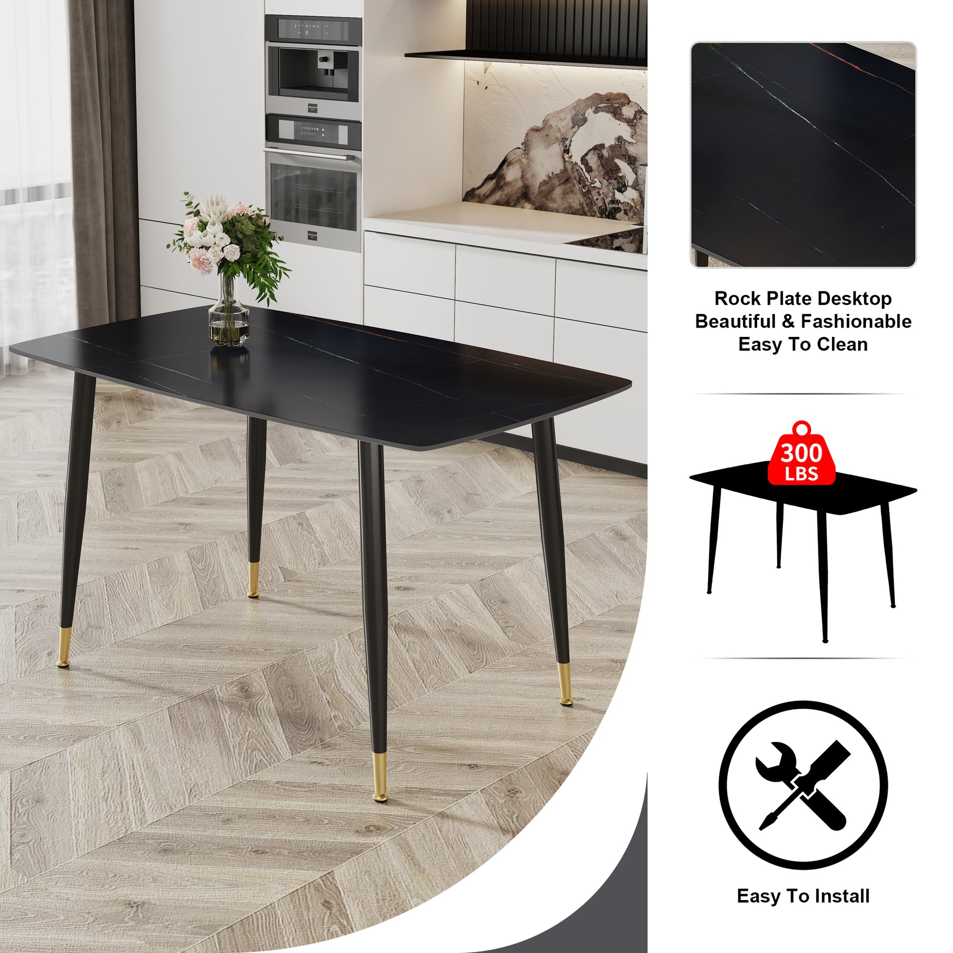 Modern Minimalist Dining Table. Black Sintered Stone Tabletop With Golden Stripe Pattern, Black Metal Legs. Suitable For Kitchen Restaurantand And Living Room 50"*30"*30" F 001 Black Sintered Stone