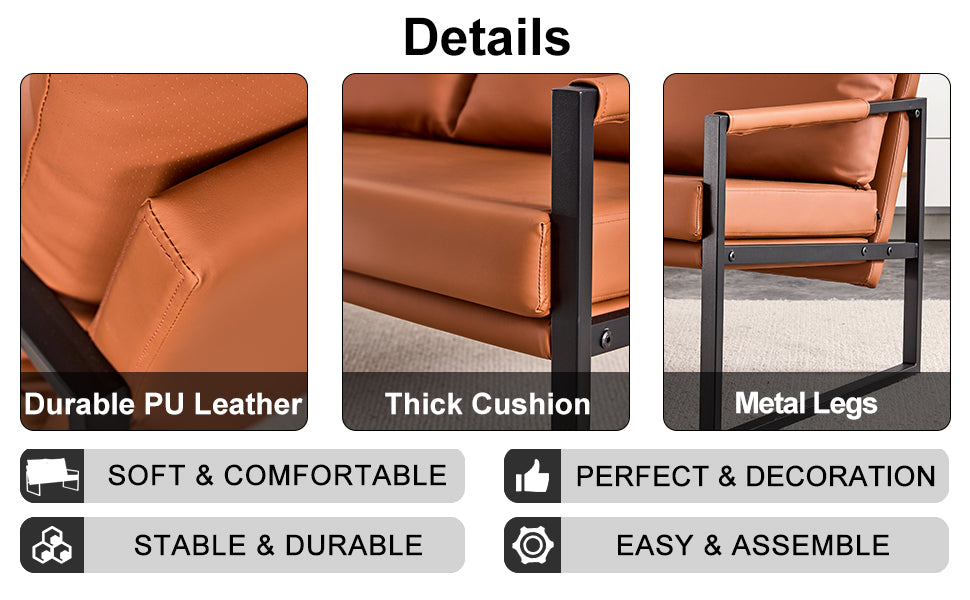Pu Leather Armchair Metal Frame Cushion Armchair, Cushion Backrest, Living Room Sofa 1 Double Sofa 2 Single Sofa Brown Pu Leather Metal Frame Foam Sf 008 Brown Foam Pu 4 Seat