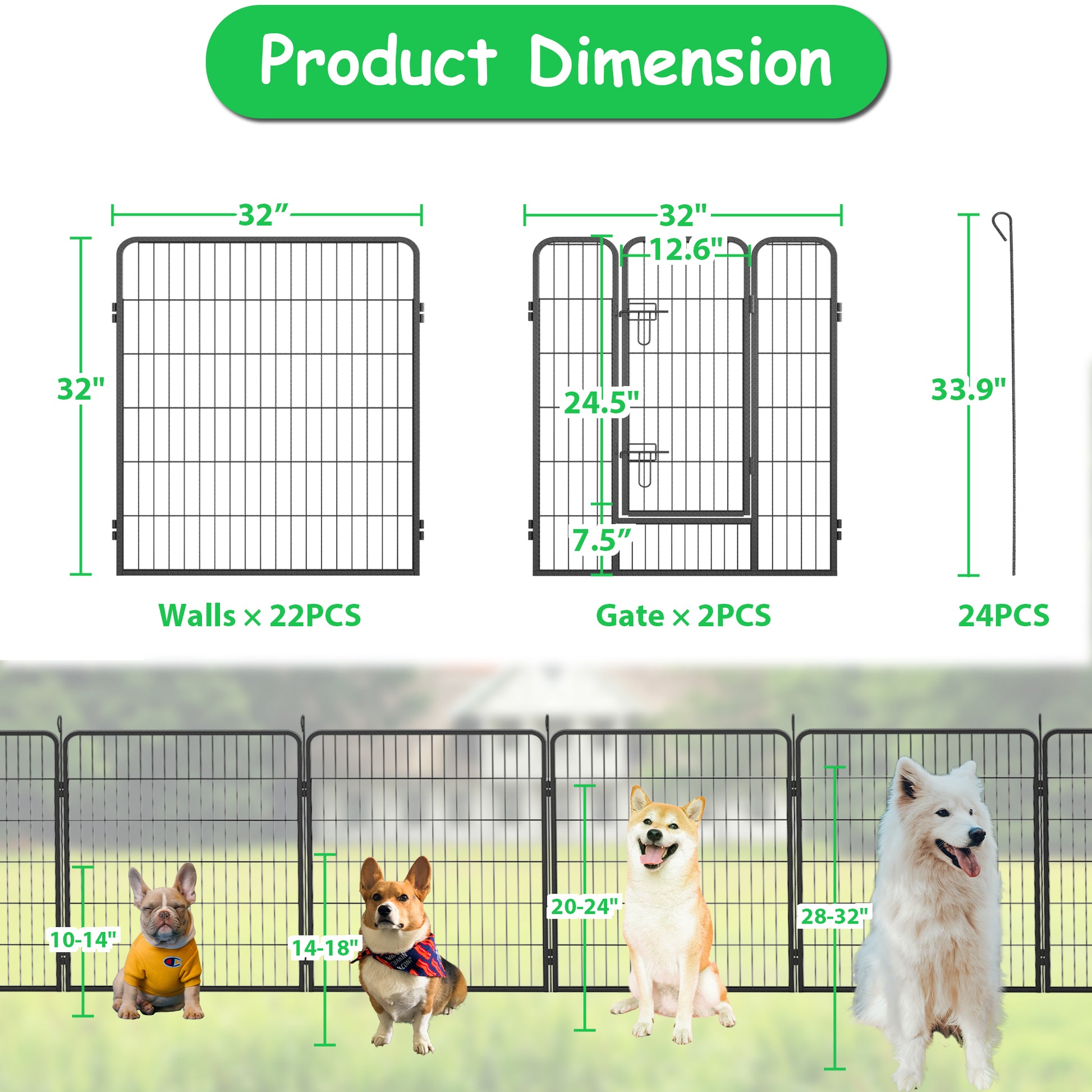 Dog Pens Outdoor 32" Height Foldable24 Panels Heavy Duty Metal Portable Dog Playpen Indoor Anti Rust Exercise Dog Fence With Doors For Large Medium Small Pets Play Pen For Rv Camping Yard Black