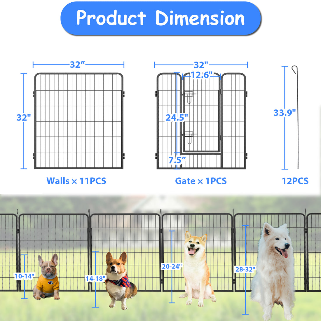 Dog Pens Outdoor 32" Height Foldable 12 Panels Heavy Duty Metal Portable Dog Playpen Indoor Anti Rust Exercise Dog Fence With Doors For Large Medium Small Pets Play Pen For Rv Camping Yard Black