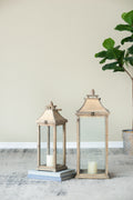 Wooden Candle Lantern Decorative, Hurricane Lantern Holder Decor For Indoor Outdoor, Home Garden Wedding Ivory Mdf Glass