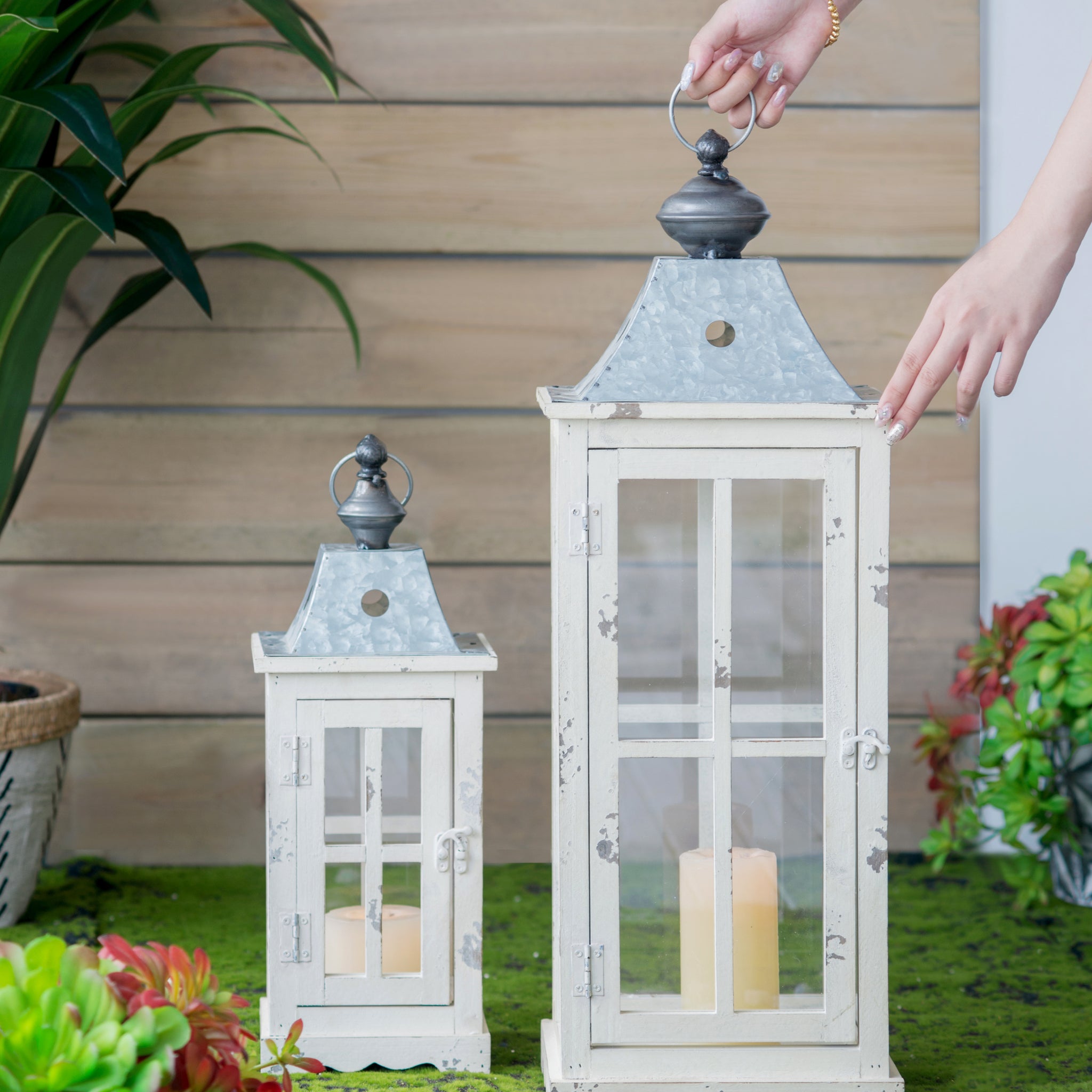 Wooden Candle Lantern Decorative, Hurricane Lantern Holder Decor For Indoor Outdoor, Home Garden Wedding Ivory Wood Glass