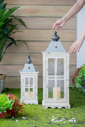 Wooden Candle Lantern Decorative, Hurricane Lantern Holder Decor For Indoor Outdoor, Home Garden Wedding Ivory Wood Glass