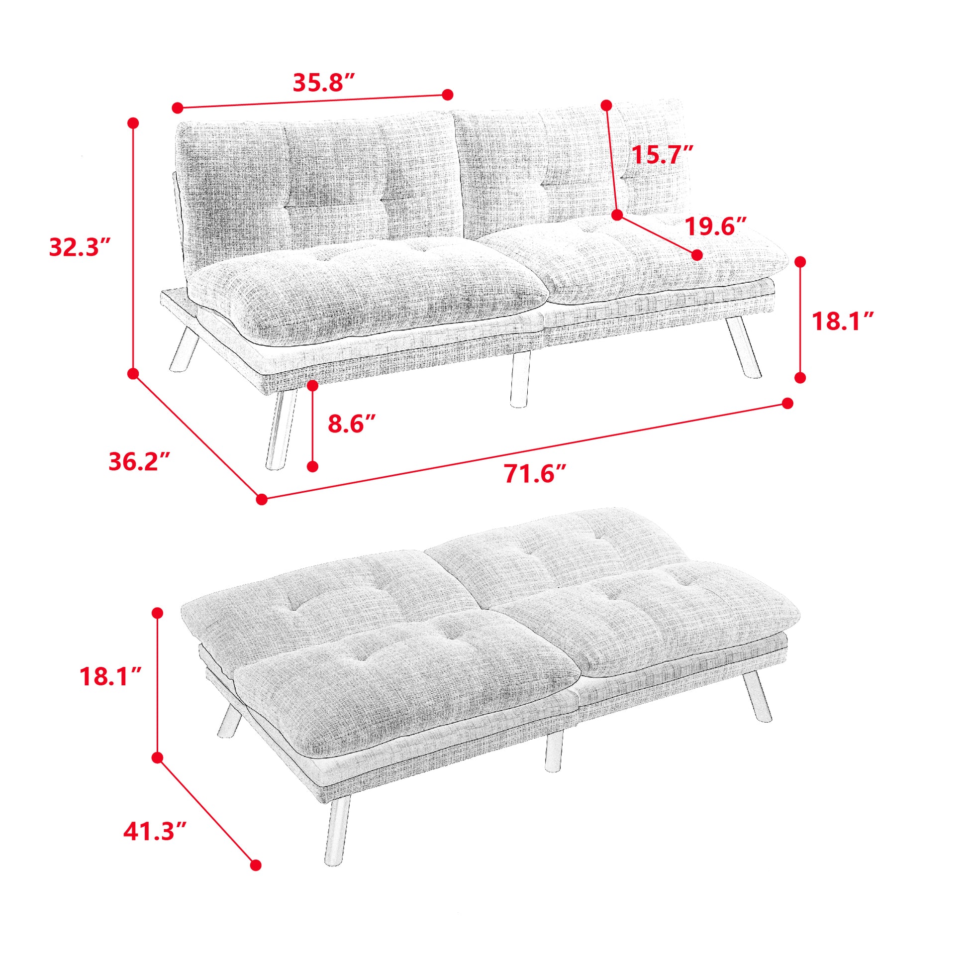 Convertible Sofa Bed Loveseat Futon Bedadjustable Lounge Couch With Metal Legs,Futon Sets For Compact Living Space Chenille Grey Grey Upholstered