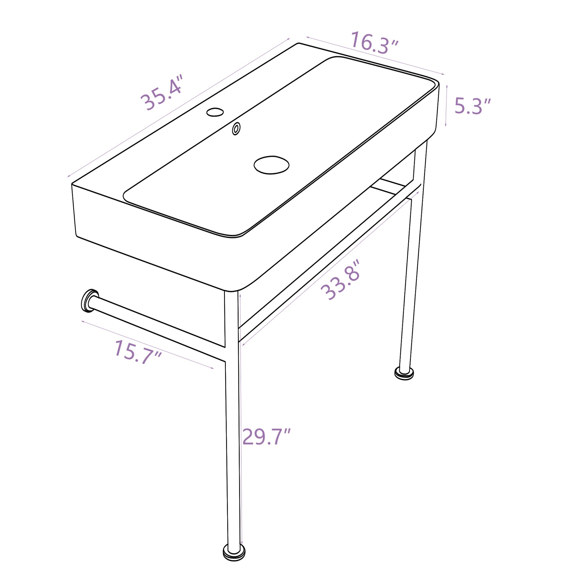 35" Bathroom Console Sink With Overflow,Ceramic Console Sink White Basin Polished Nicke Legs White Ceramic