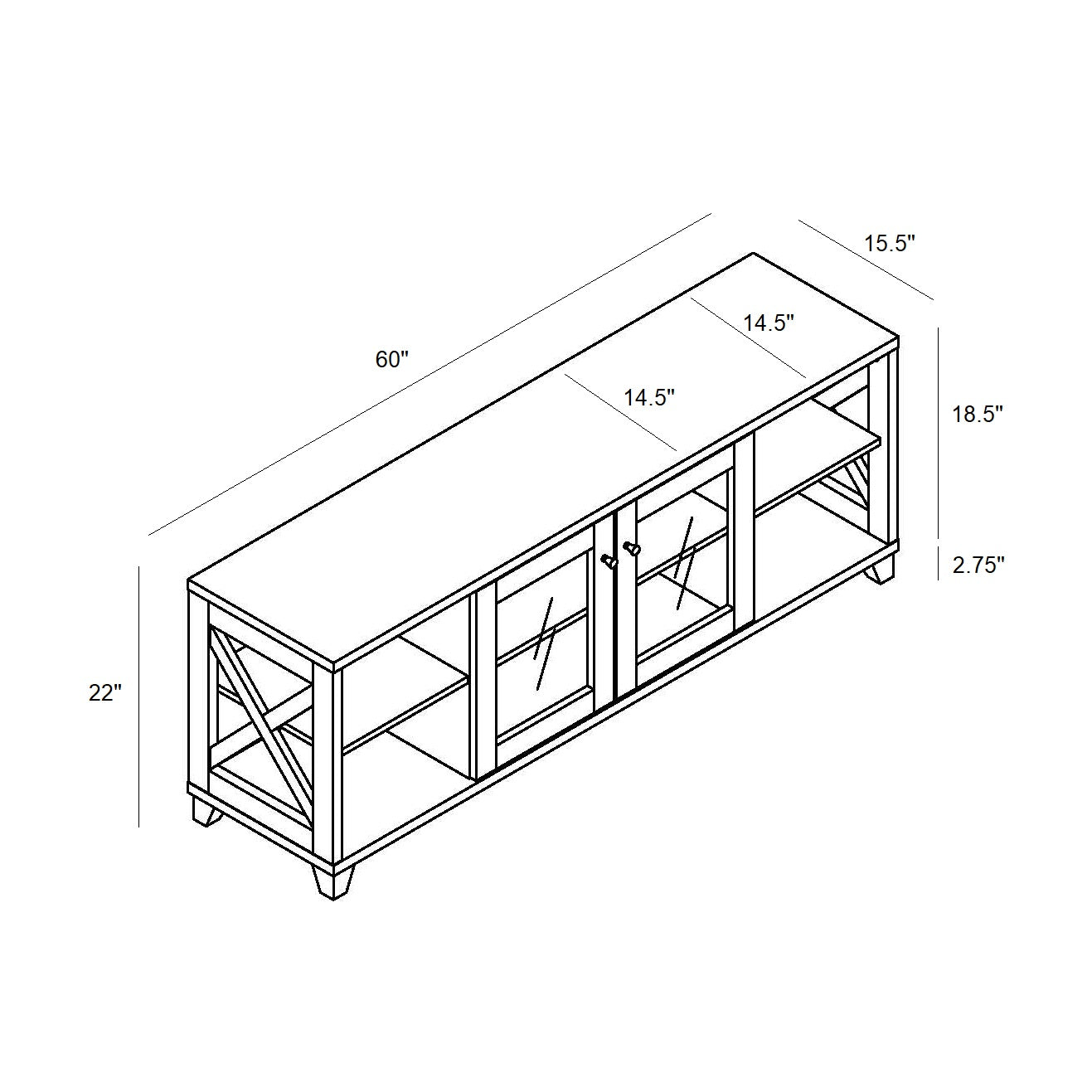 60" Farmhouse Home Entertainment Center, Tv Stand With 4 Shelves And Transparent Center Cabinet White Oak 60 69 Inches Particle Board