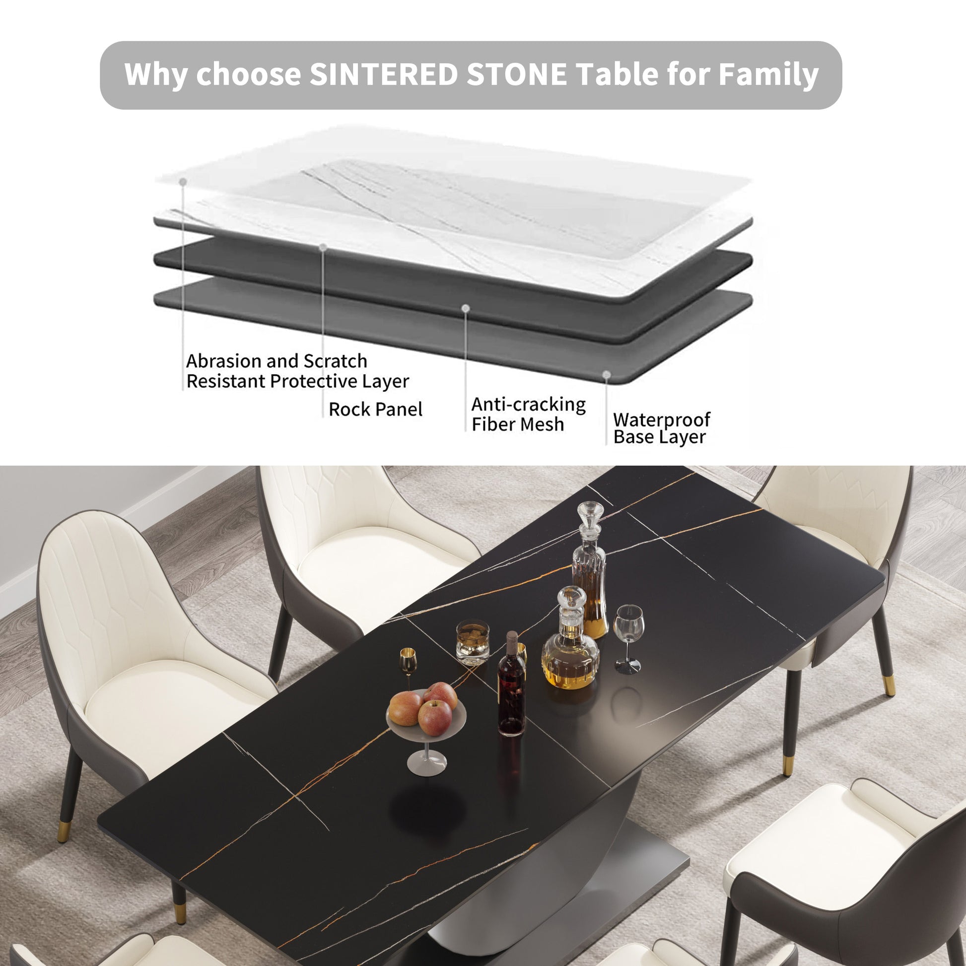 78.74" Modern Artificial Stone Black Crescent Shaped Black Metal Legs Can Accommodate 8 People. Black Metal Sintered Stone