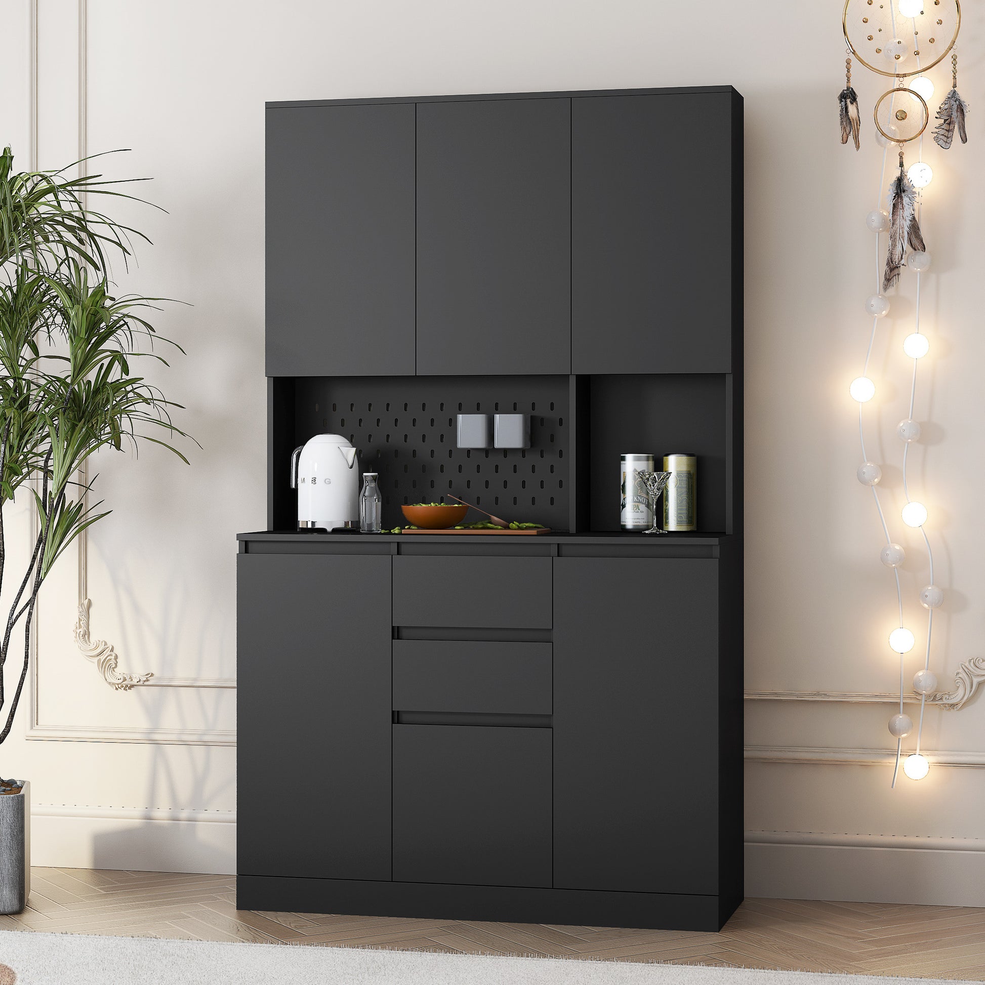 74" Freestanding Kitchen Pantry Cabinet Cupboard With 6 Doors,3 Shelves And 2 Drawer,Versatile Wardrobe & Kitchen Cabinet,Craft Storage Cabinet,Laundry Room Storage For Bedroom Kitchen Black Black Mdf