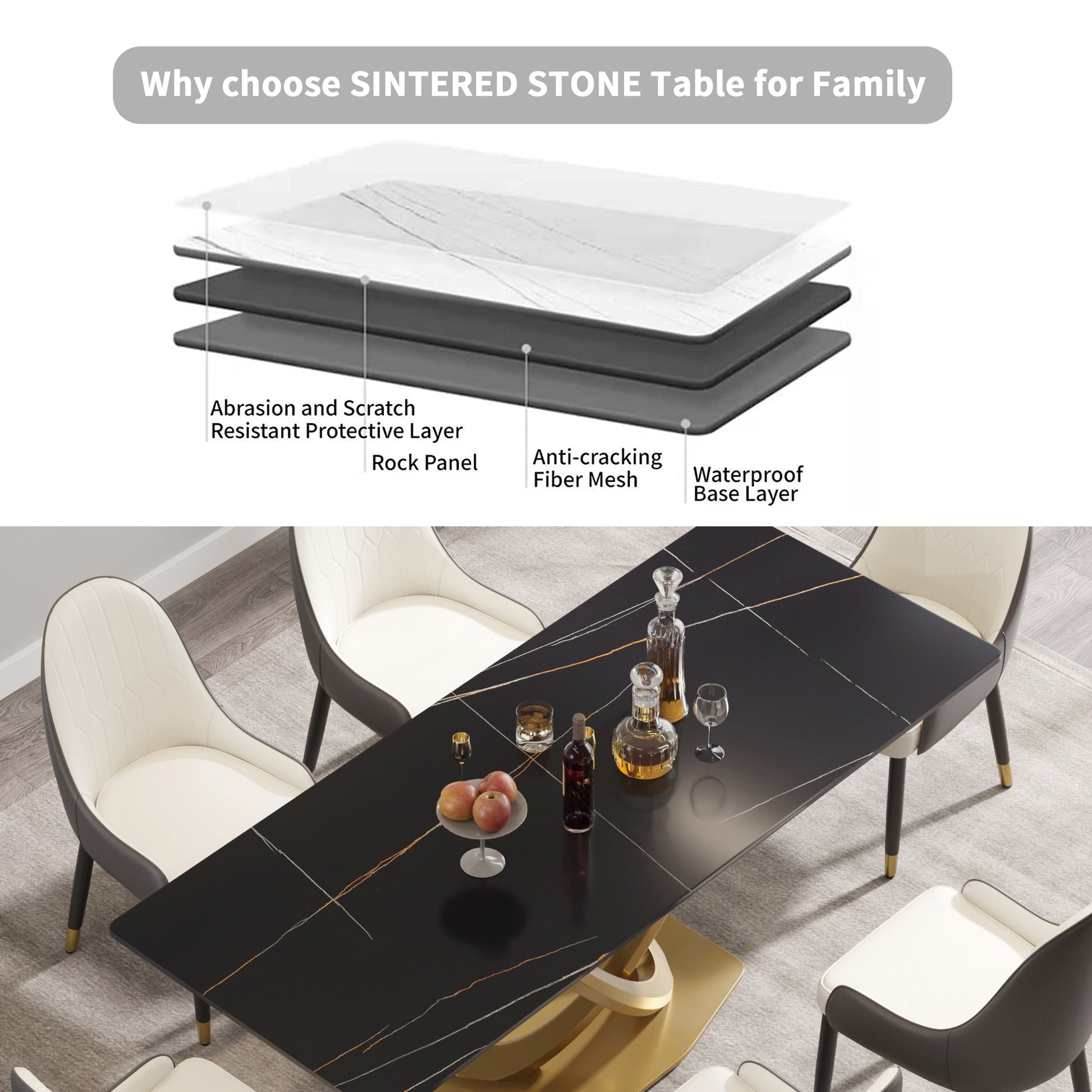 78.74 "Modern Artificial Stone Black Panel Double Ring Stainless Steel Metal Legs Can Accommodate 8 People. Black Metal Sintered Stone