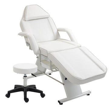 Massage Salon Tattoo Chair With Two Trays Esthetician Bed With Hydraulic Stool,Multi Purpose 3 Section Facial Bed Table, Adjustable Beauty Barber Spa Beauty Equipment, White White Pu