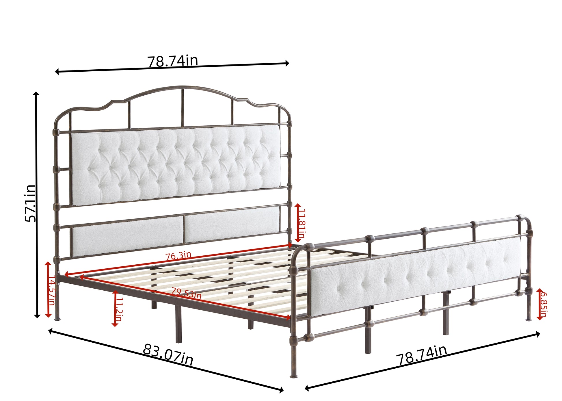 King Size High Boad Metal Bed With Soft Head And Tail, No Spring, Easy To Assemble, No Noise Box Spring Not Required King White Metal Bedroom Bed Frame Foam Velvet Metal
