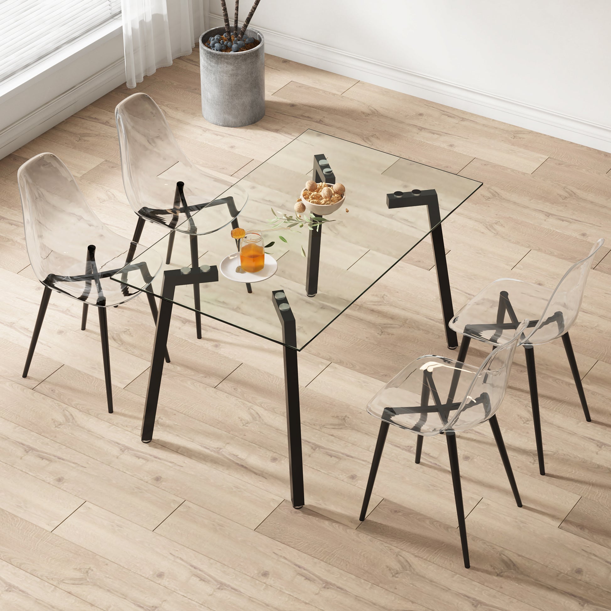 Table And Chair Set, Transparent Glass Tabletop And Black Metal Table Legs, Transparent Plastic Backrest Cushion And Black Metal Chair Legs, One Table With Four Chairs.Drt 1123 Tw 1200 Transparent Seats 4 Glass