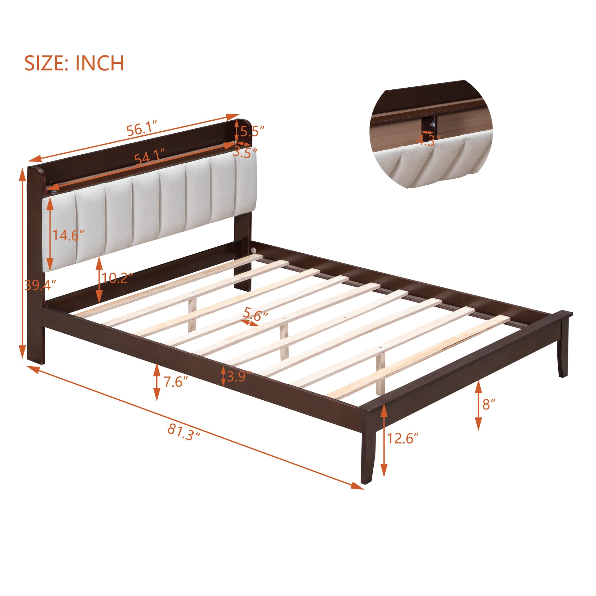 Full Size Platform Bed With Usb Charging Station And Storage Upholstered Headboard,Led Bed Frame,No Box Spring Needed,Walnut Beige Walnut Wood