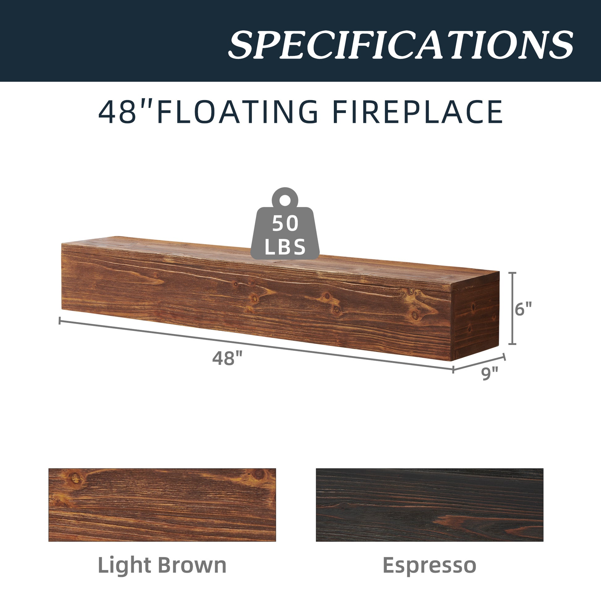 48" Rustic Wood Fireplace Mantelwall Mounted & Floating Shelf For Home Decor Light Brown Solid Wood