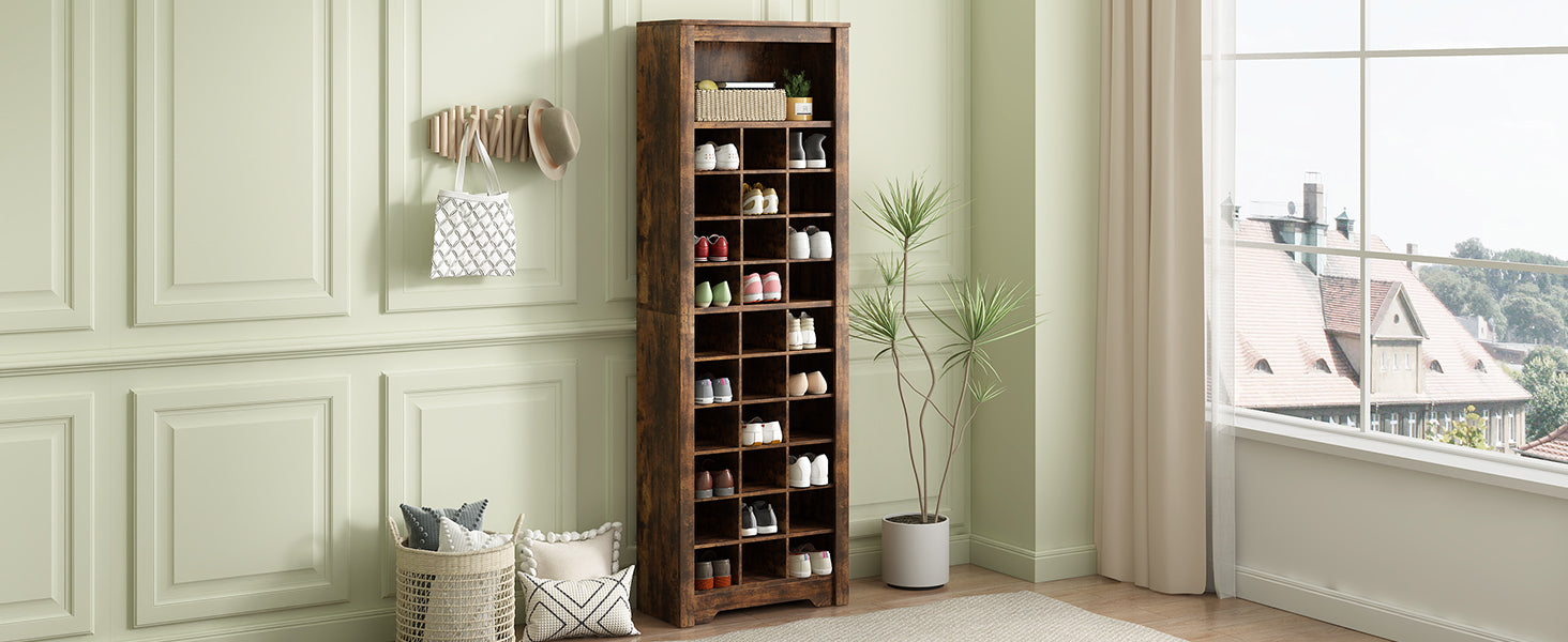 Stylish Design 30 Shoe Cubby Console, Contemporary Shoe Cabinet With Multiple Storage Capacity, Free Standing Tall Cabinet With Versatile Use For Hallway, Bedroom, Rustic Brown Filing Cabinets Rustic Brown Primary Living Space Particle Board