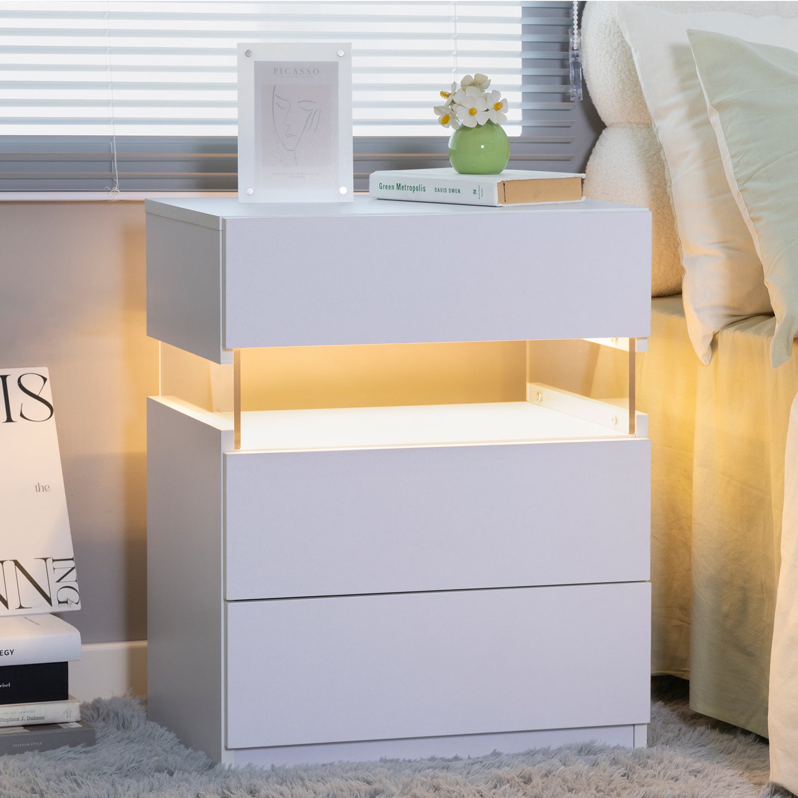 bedside table dresser Led Nightstands 3 Drawer Dresser For Bedroom End Table With Acrylic Board Led Bedside Tables For Bedroom Living Room Bedside Furniture White White