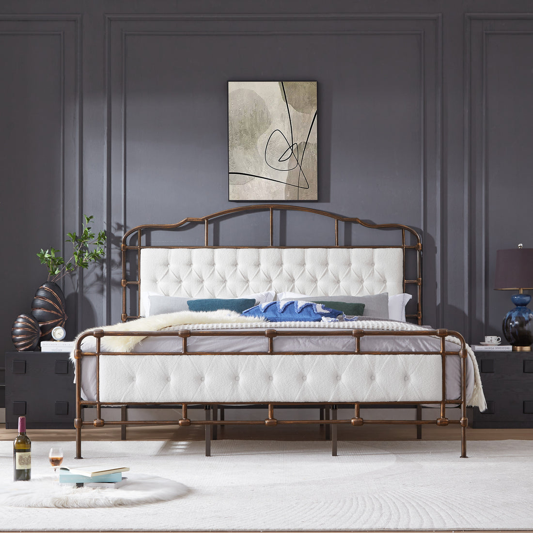 King Size High Boad Metal Bed With Soft Head And Tail, No Spring, Easy To Assemble, No Noise Box Spring Not Required King White Metal Bedroom Bed Frame Foam Velvet Metal