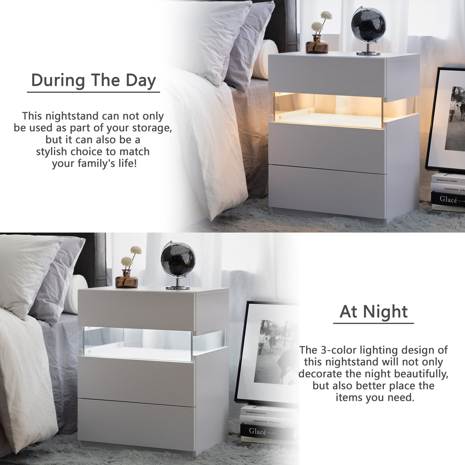 Led Nightstands 3 Drawer Dresser For Bedroom End Table With Acrylic Board Led Bedside Tables For Bedroom Living Room Bedside Furniture White White White 3 Drawers Bedroom Bedside Cabinet American Design,American Traditional,Boho,Casual,Classic Easy