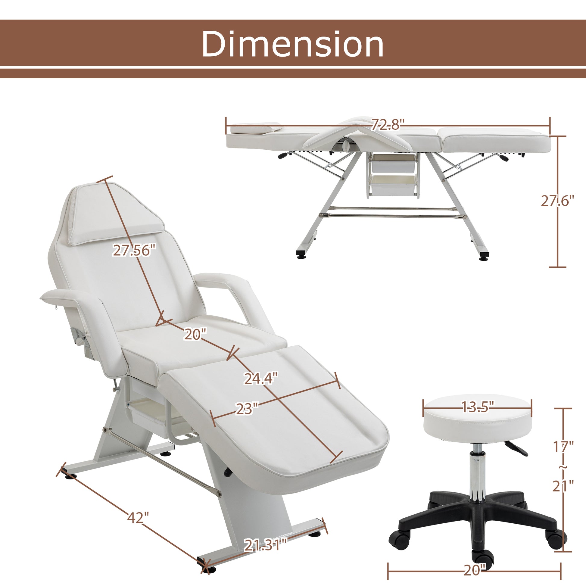 Massage Salon Tattoo Chair With Two Trays Esthetician Bed With Hydraulic Stool,Multi Purpose 3 Section Facial Bed Table, Adjustable Beauty Barber Spa Beauty Equipment, White White Pu