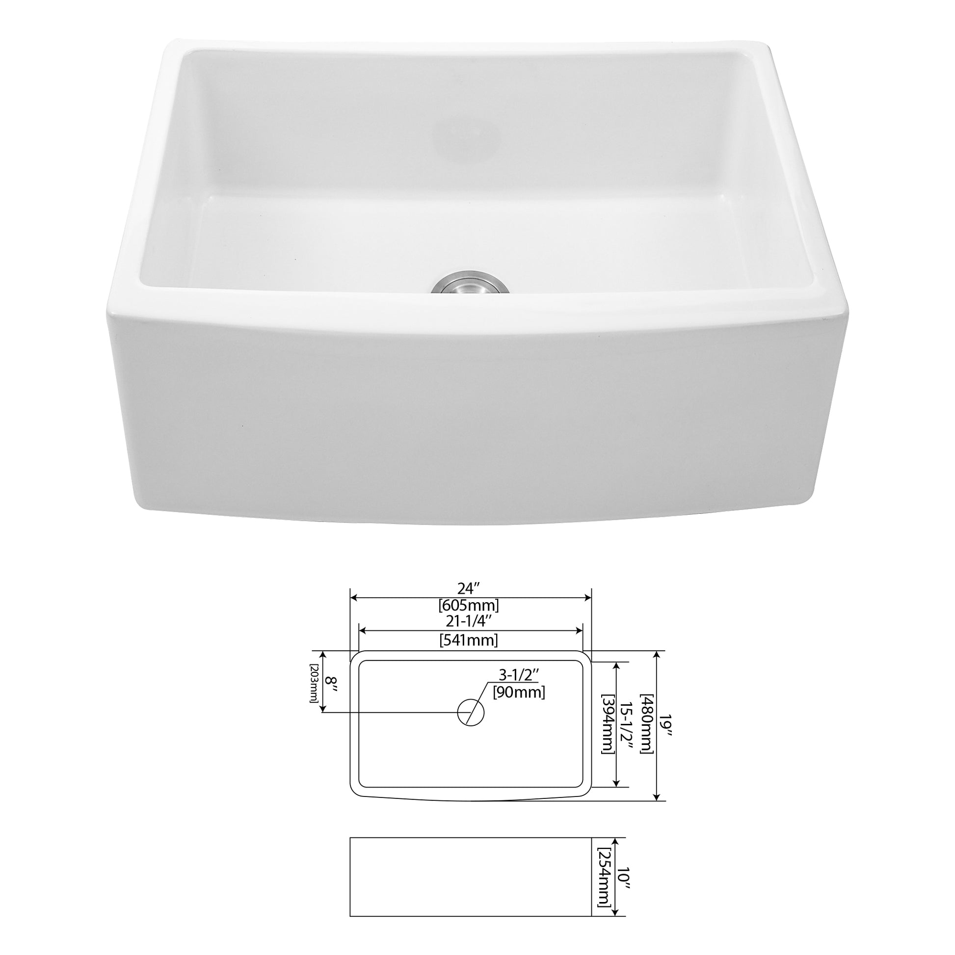 White Farmhouse Sink 24 Inch White Kitchen Sink Ceramic Arch Edge Apron Front Single Bowl Farm Kitchen Sinks White Ceramic