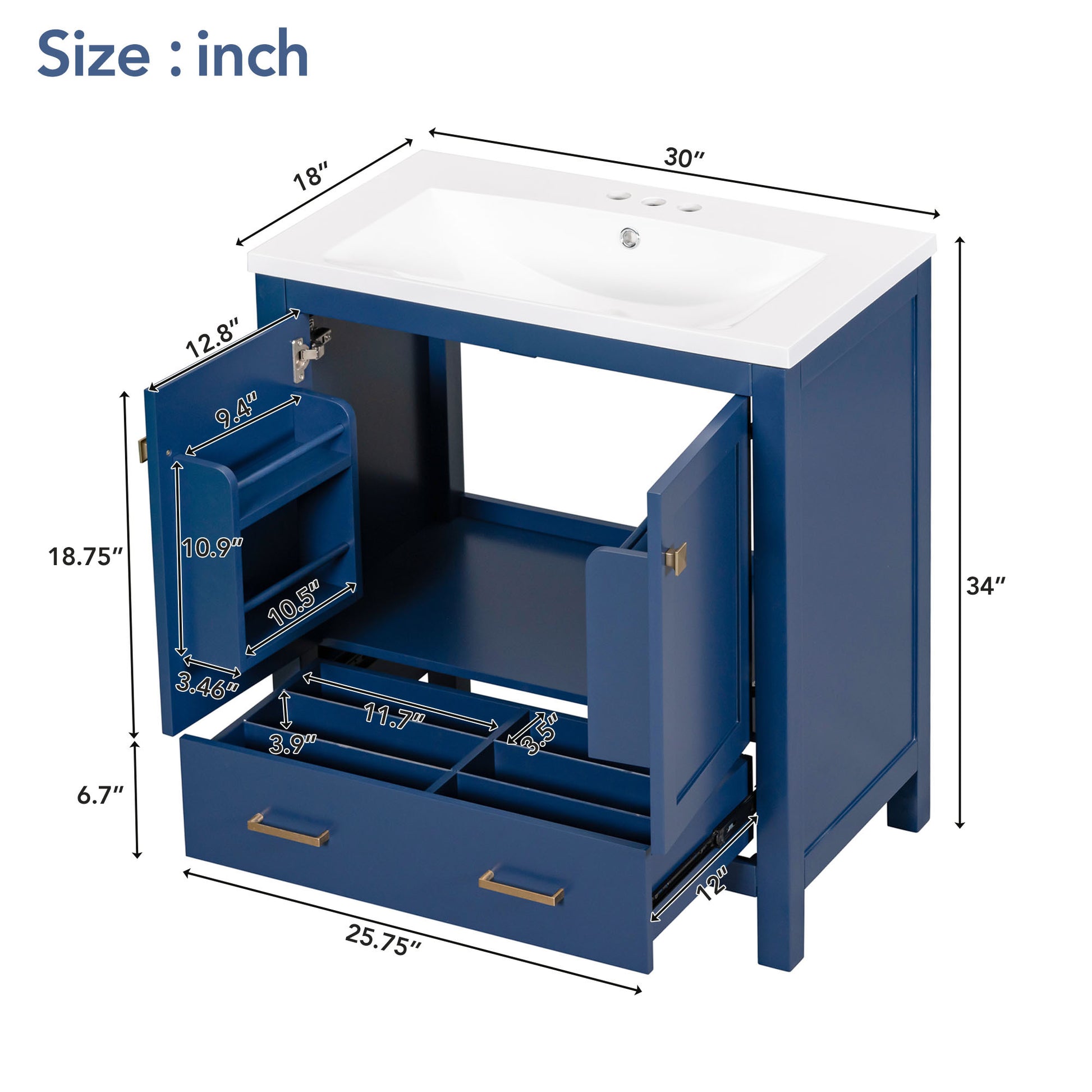 30" Blue Bathroom Vanity With Single Sink, Combo Cabinet Undermount Sink, Bathroom Storage Cabinet With 2 Doors And A Drawer, Soft Closing, Multifunctional Storage, Solid Wood Frame Blue Solid Wood Mdf Resin