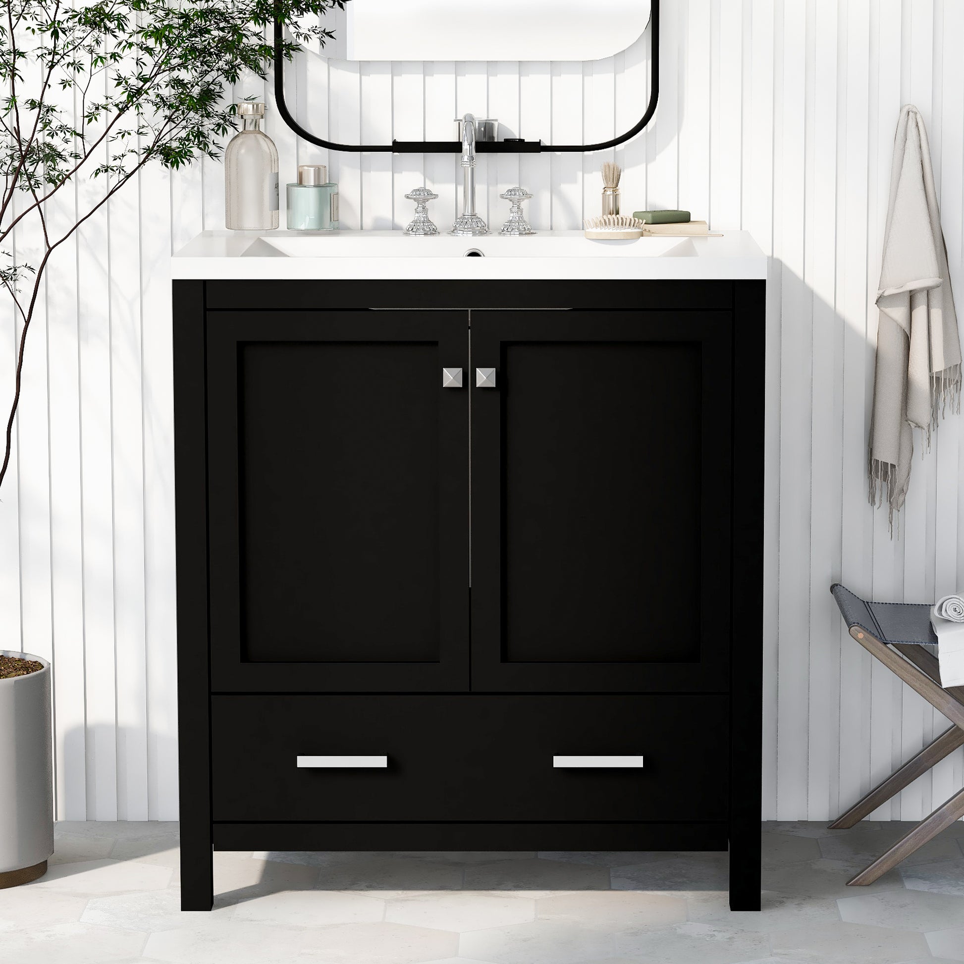 30" Black Bathroom Vanity With Single Sink, Combo Cabinet Undermount Sink, Bathroom Storage Cabinet With 2 Doors And A Drawer, Soft Closing, Multifunctional Storage, Solid Wood Frame Black Solid