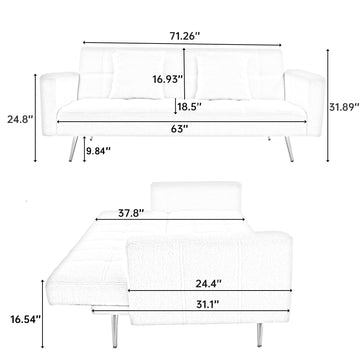 71.7 Inch Grey Teddy Fleece Sofa Bedbring Two Throw Pillows Grey Fabric 2 Seat