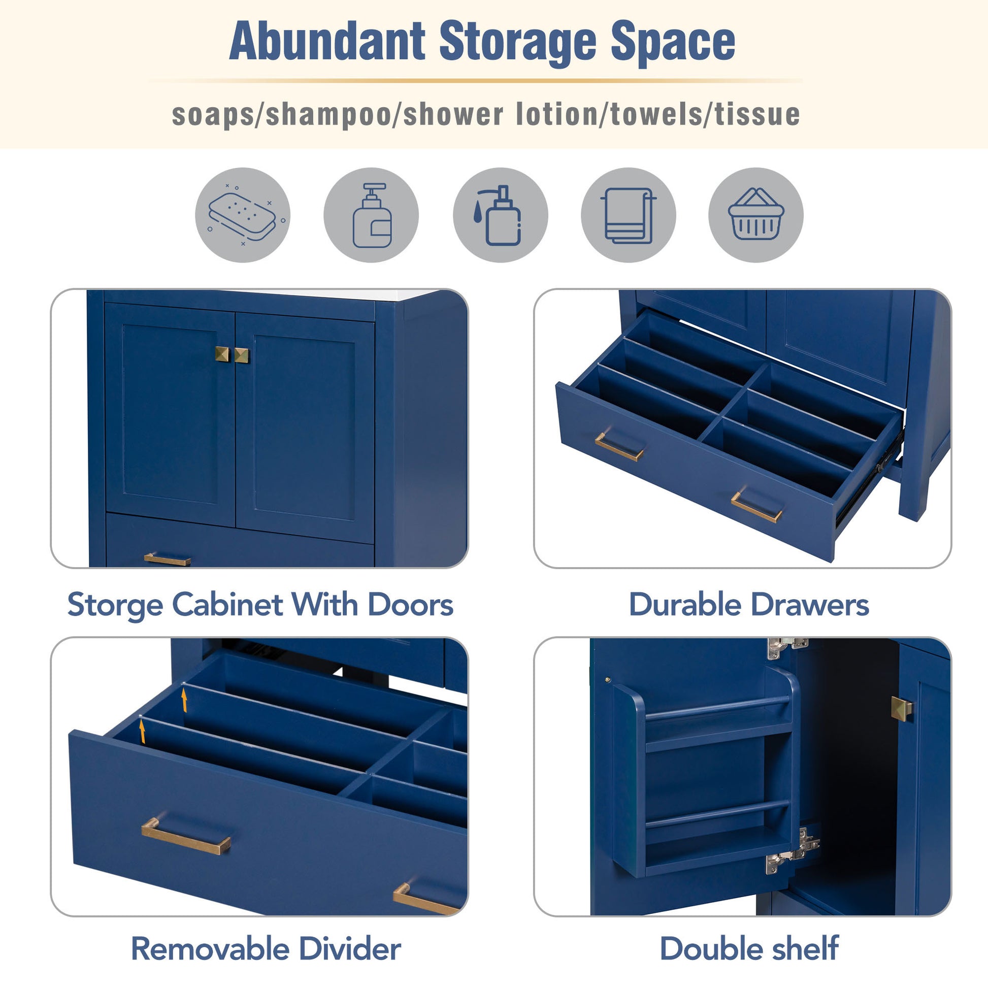 30" Blue Bathroom Vanity With Single Sink, Combo Cabinet Undermount Sink, Bathroom Storage Cabinet With 2 Doors And A Drawer, Soft Closing, Multifunctional Storage, Solid Wood Frame Blue Solid Wood Mdf Resin