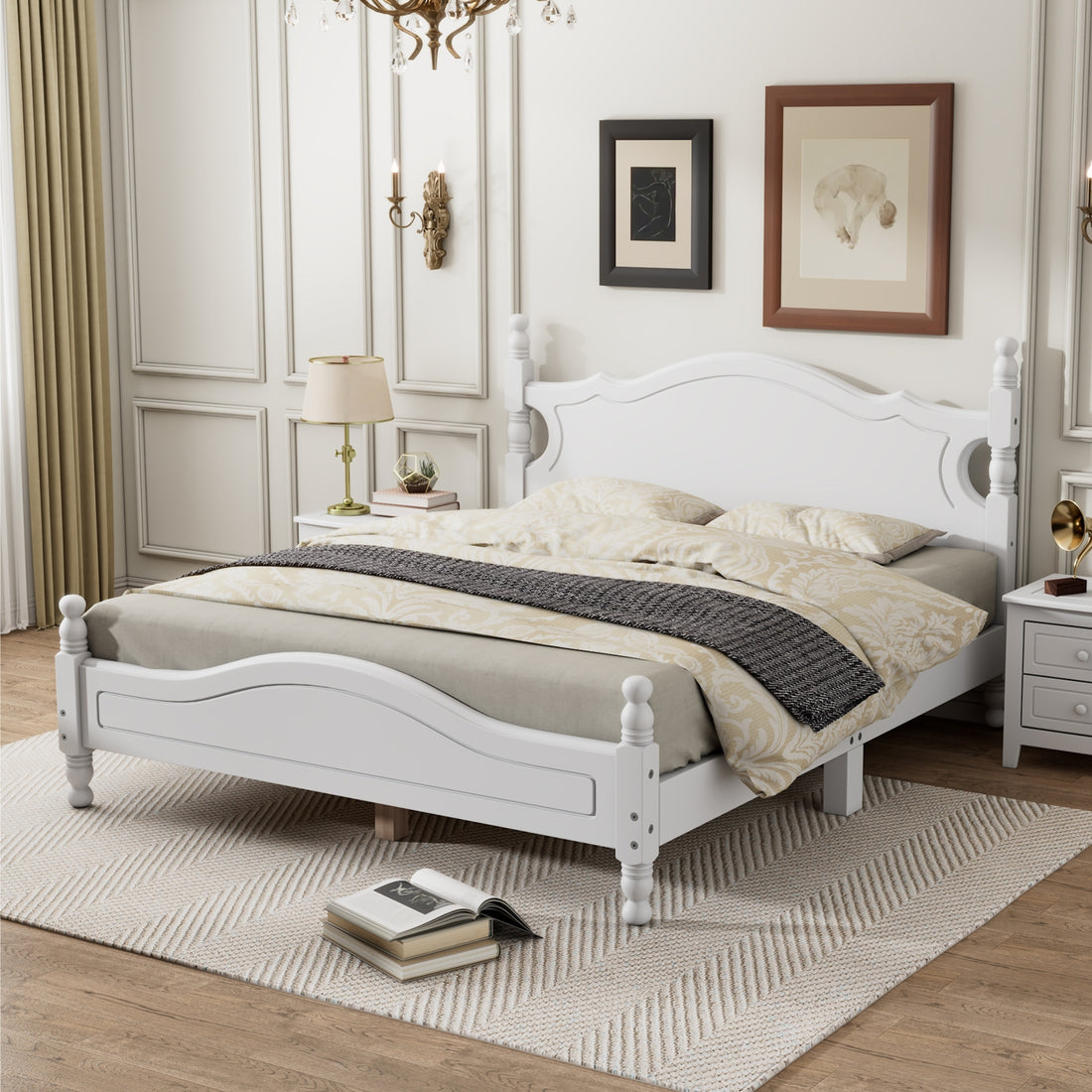 Queen Size Wood Platform Bed Frame,Retro Style Platform Bed With Wooden Slat Support,White White Wood