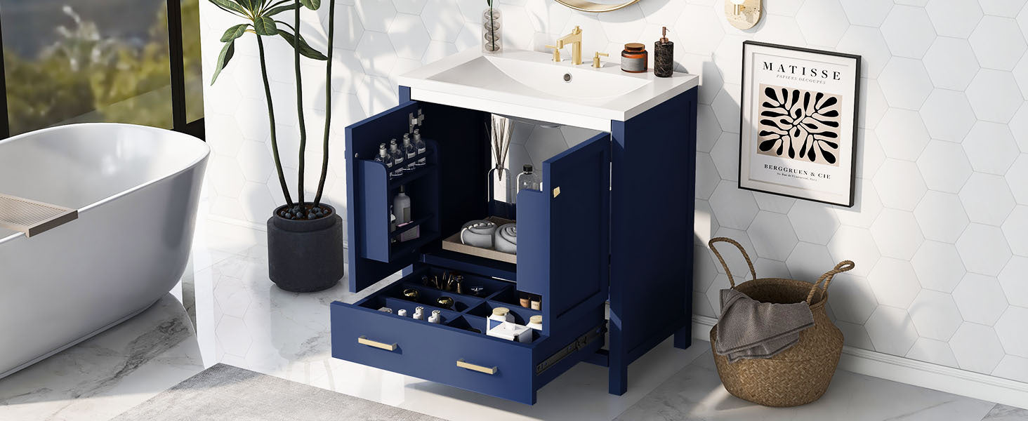 30" Blue Bathroom Vanity With Single Sink, Combo Cabinet Undermount Sink, Bathroom Storage Cabinet With 2 Doors And A Drawer, Soft Closing, Multifunctional Storage, Solid Wood Frame Blue Solid Wood Mdf Resin